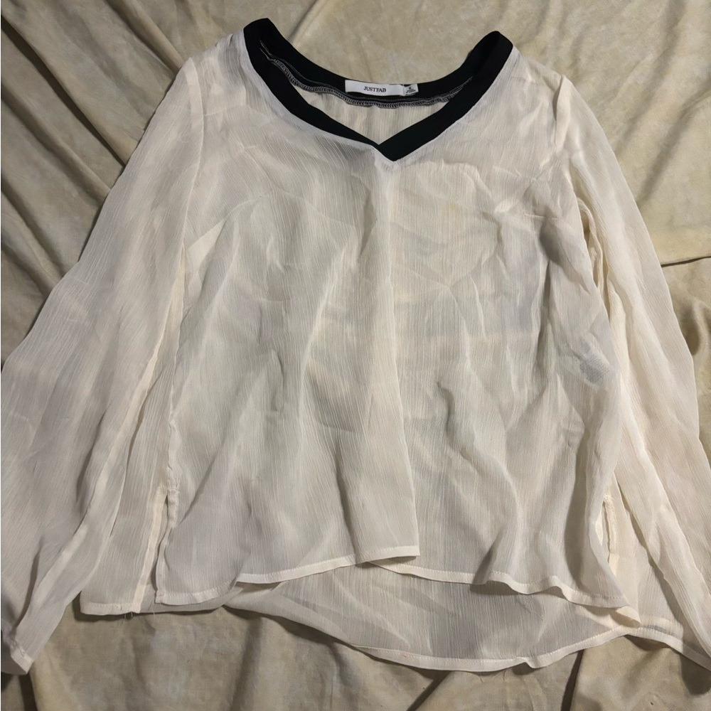 JustFab Cream Sheer V-Neck Blouse with Black Trim